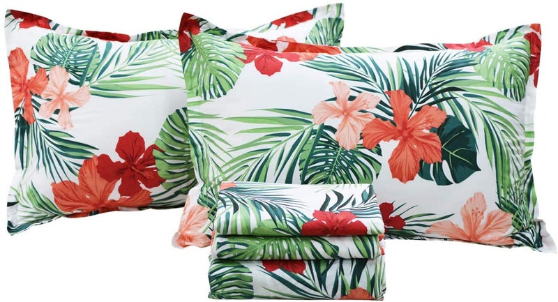 FADFAY Green Floral Sheets Queen Size 100% Cotton Floral Bed Sheet Ultra Soft Tropical Bedding Banana Palm Leaves Top Sheet Hawaiian Deep Pocket Fitted Sheet 4-Pieces - Image 1